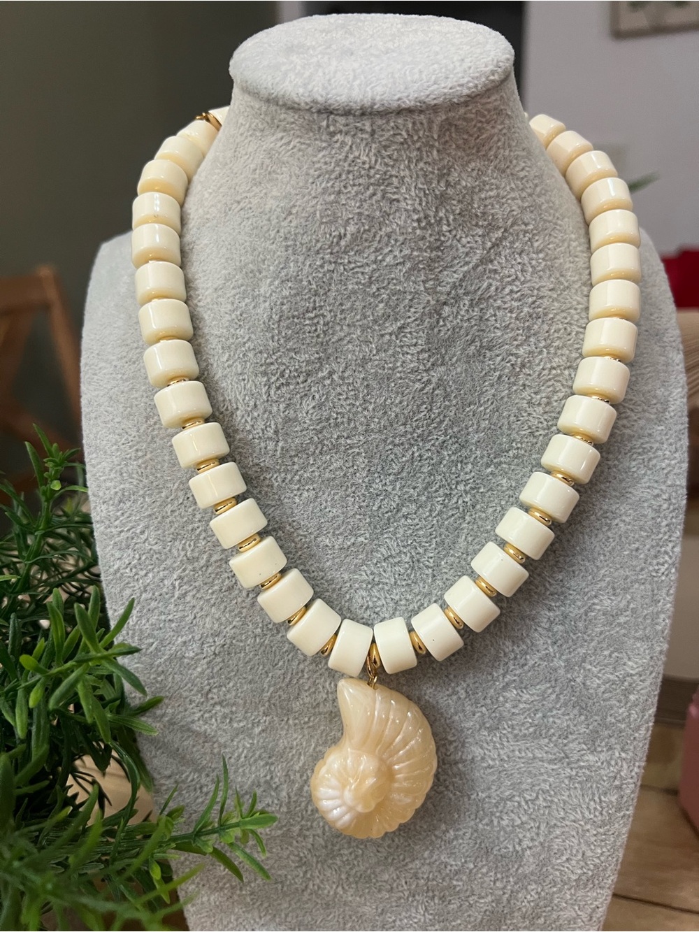 Cream Beaded Necklace with Shell Pendant - Women Jewelry